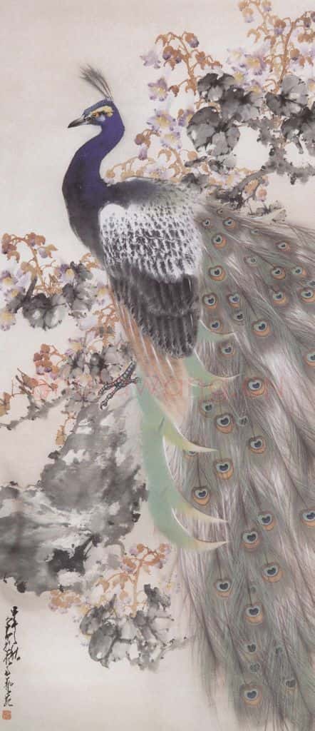 1954 赵少昂《桐花孔雀》书画作品