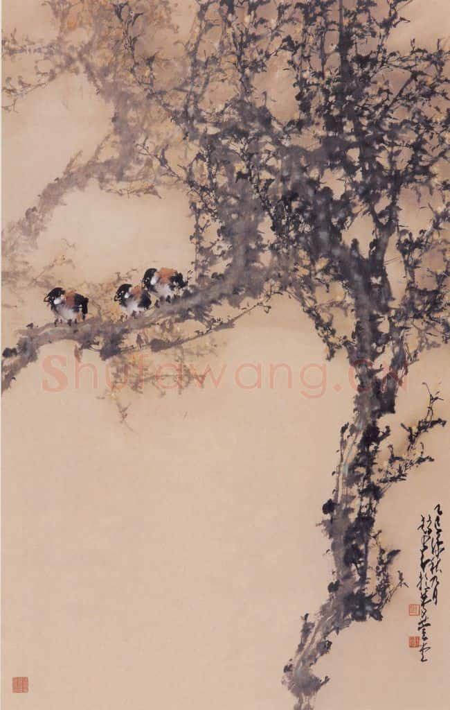 1965 赵少昂《群鸟话春寒》书画作品