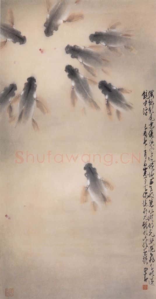 1969 赵少昂《群鱼逐落花》书画作品