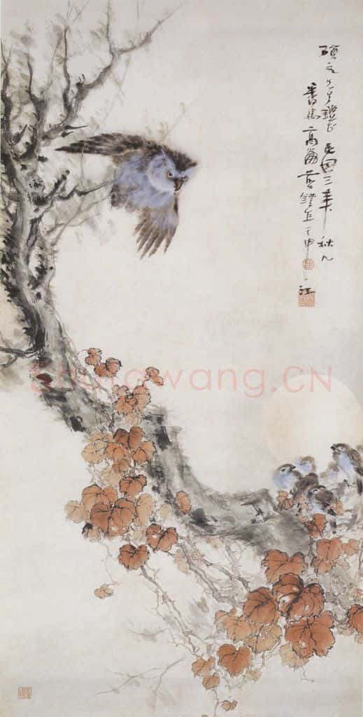 1914 高剑父《猫鹰小雀图》书画作品