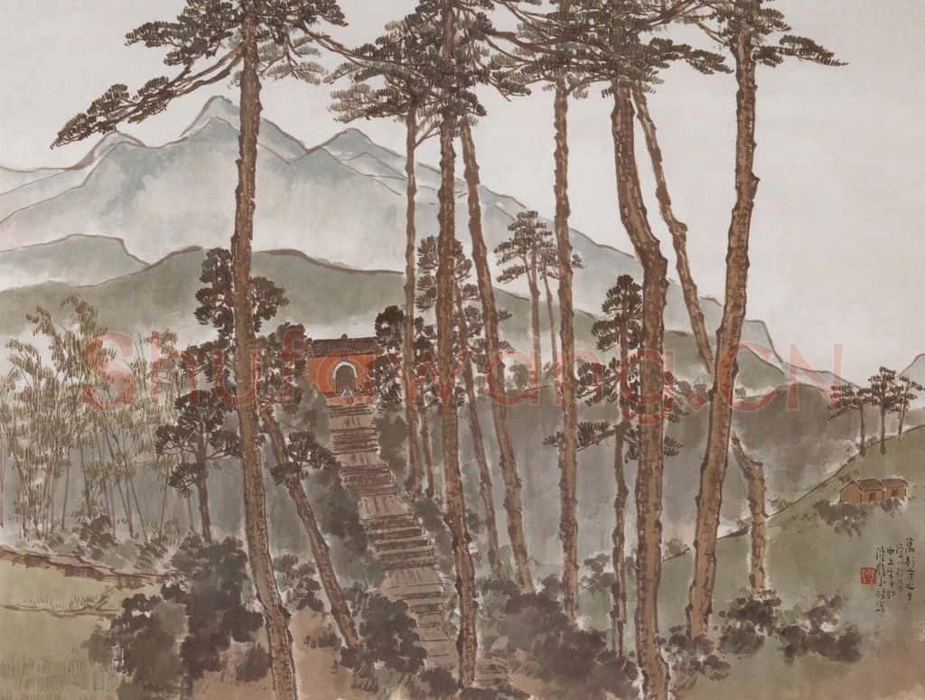 1946 陈树人《万杉寺之夕》书画作品