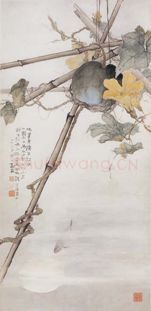 1915 高剑父《瓜棚水影图》书画作品