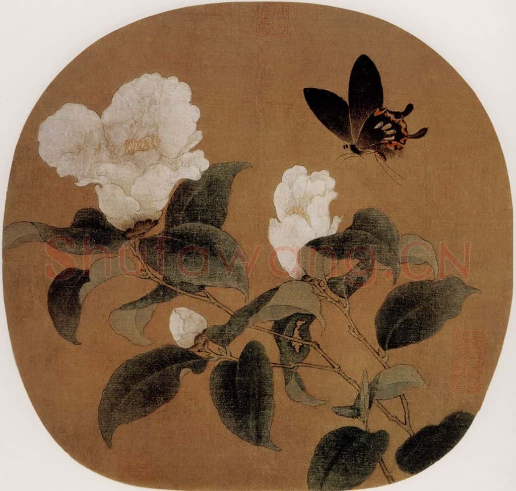 宋 伕名 茶花蝴蝶图 书画作品