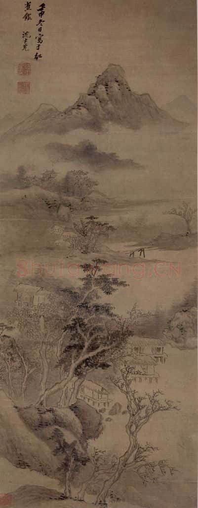 明 沈士充《秋林水阁图轴》书画作品
