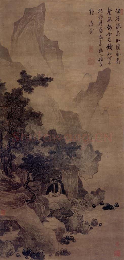 明 唐寅《看泉听风图轴》书画作品