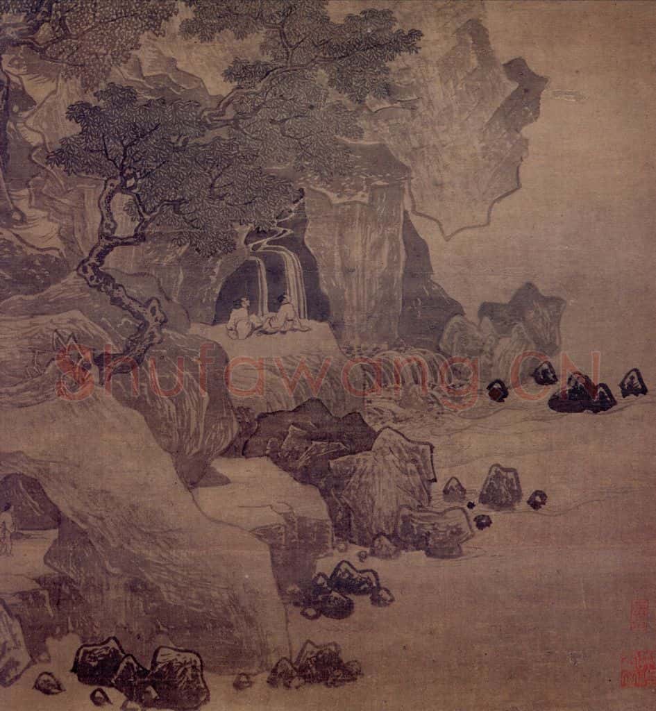 明 唐寅《看泉听风图轴》书画作品