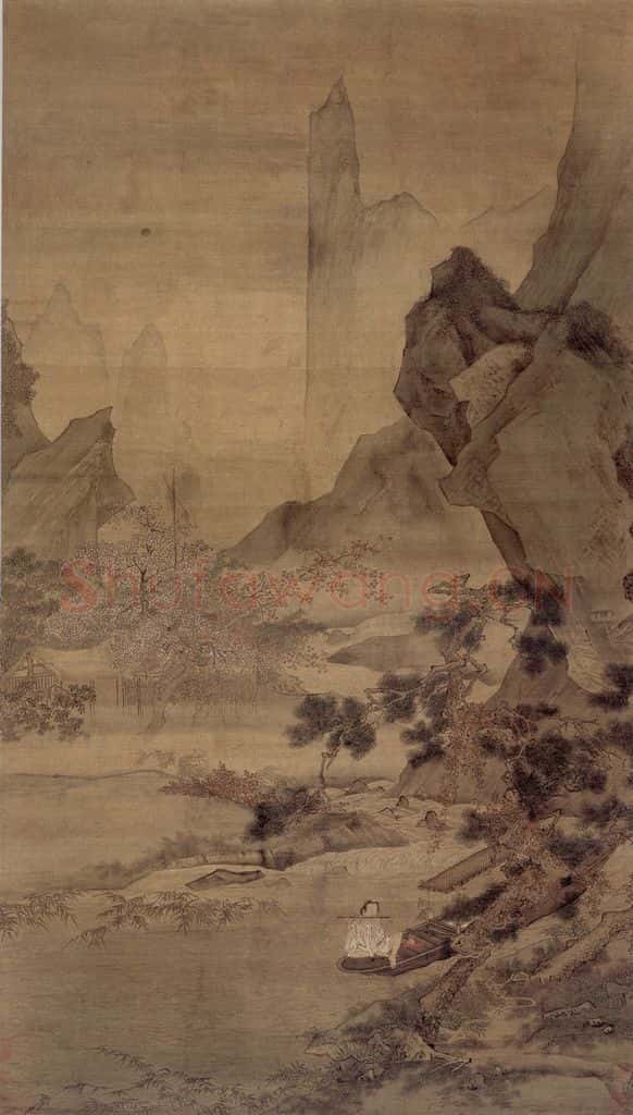 明 仇英《松溪横笛图轴》书画作品