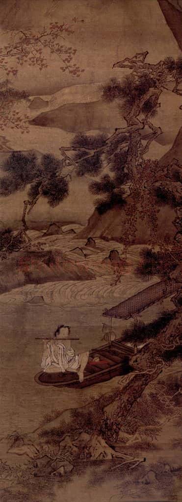 明 仇英《松溪横笛图轴》书画作品