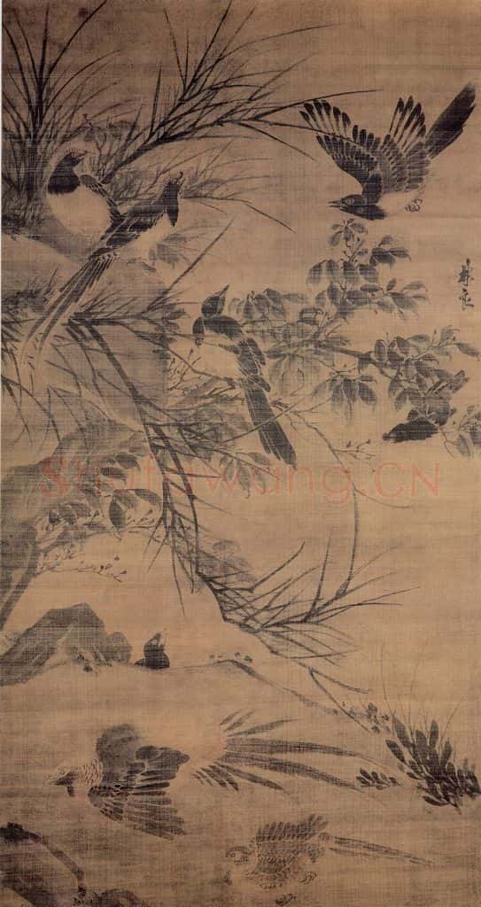 明 林良《秋坡聚禽图》书画作品