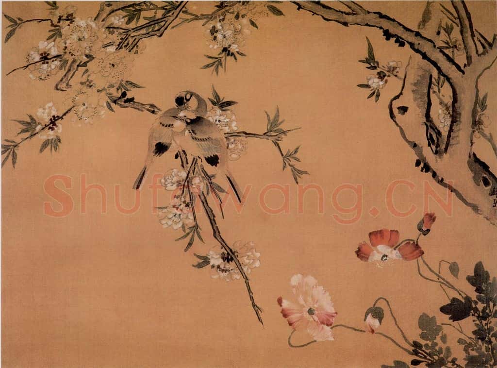 清 颜岳《桃花双禽图》书画作品