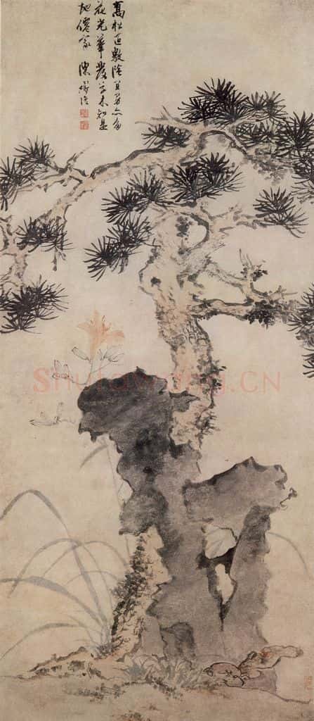 明 陈道复《松石萱花图》书画作品