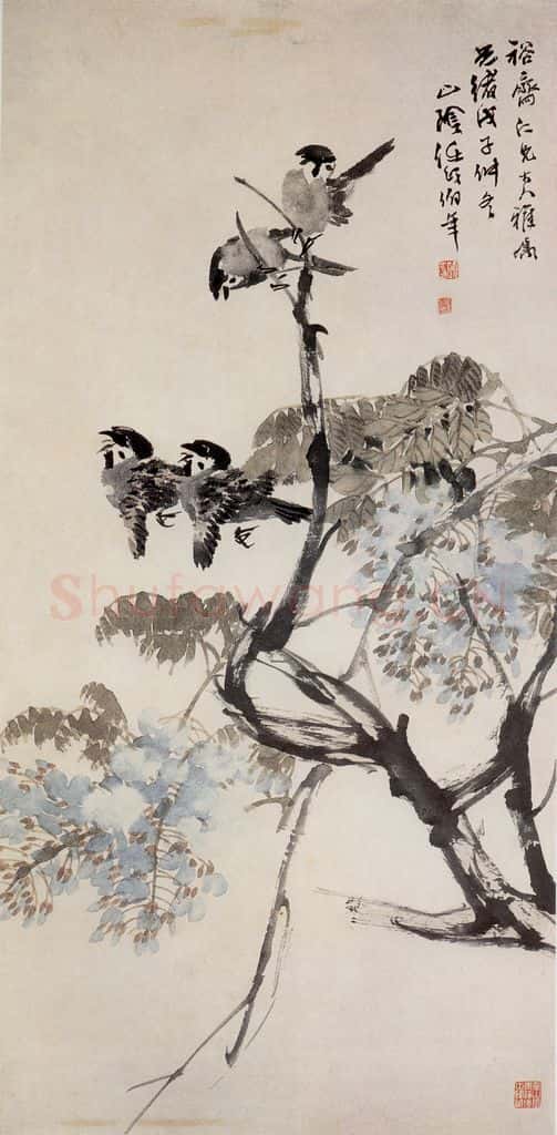 清 任颐《雀声藤影图》书画作品