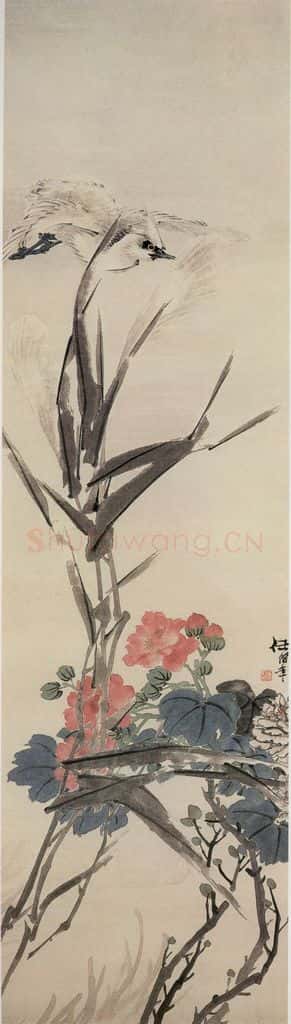 清 任颐《空塘归鹭图》书画作品