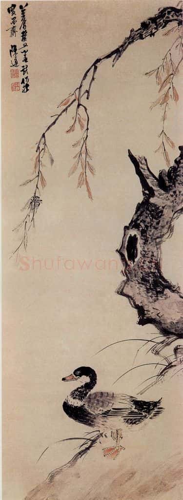 明 陈遵《柳岸立凫图》书画作品