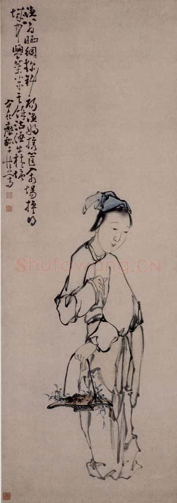 清 黄慎 渔妇携筐图 书画作品