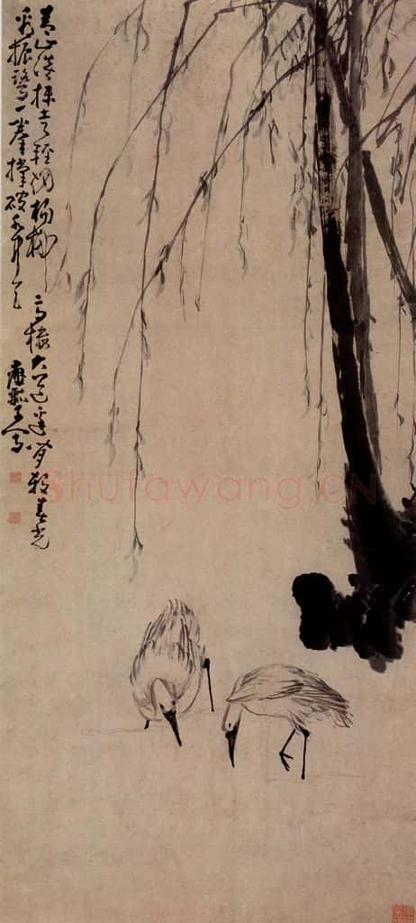 清 黄慎 柳塘双鹭图 书画作品