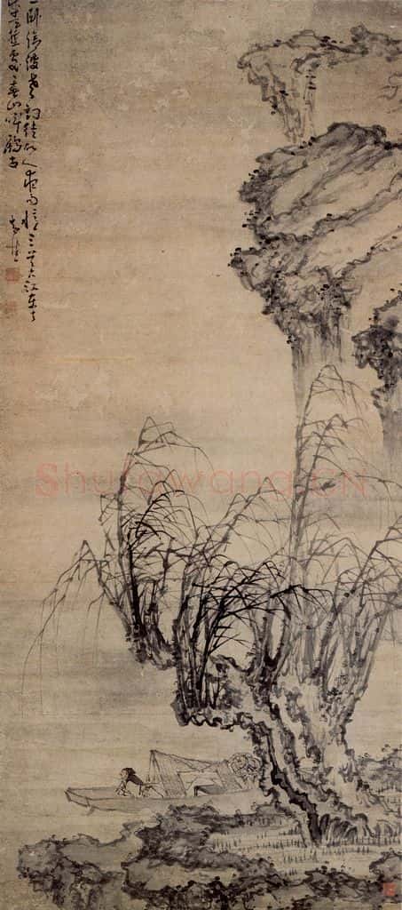 清 黄慎 柳下泛舟图 书画作品