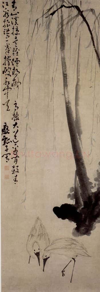 清 黄慎 柳塘双鹭图 书画作品