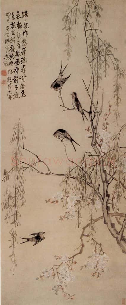 清 李鱓《桃花柳燕》书画作品