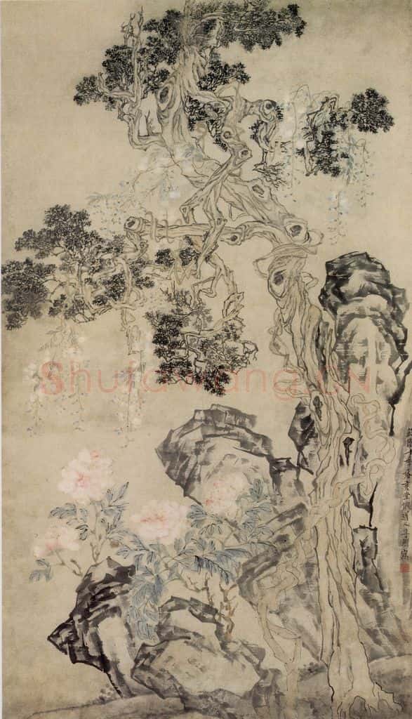 清 李鱓《柏树牡丹》书画作品