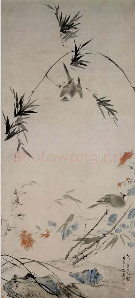 清 华喦《兰菊竹禽图》书画作品