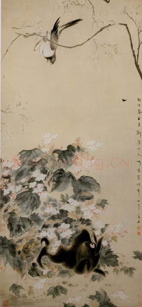 清 华喦《禽兔秋艳图》书画作品