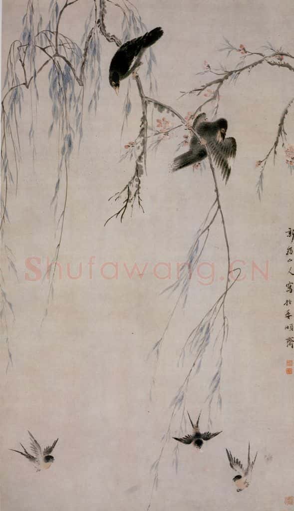 清 华喦《柳燕鸲鹄图》书画作品