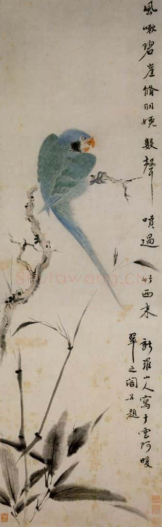 清 华喦《枝头鹦鹉图》书画作品