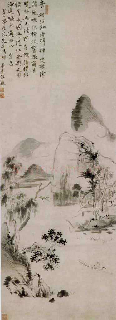 清 华喦《孤渚泊舫图》书画作品