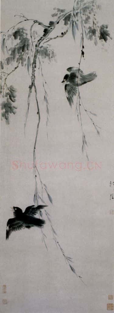 清 华喦《柳禽图》书画作品