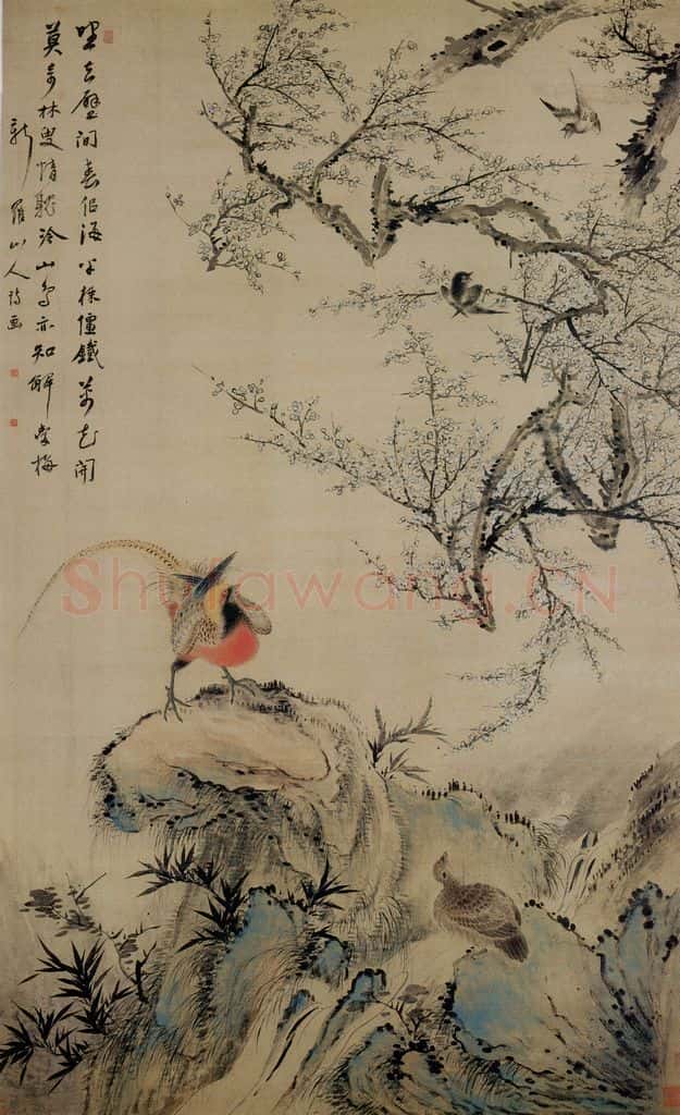 清 华喦《山雀爱梅图》书画作品
