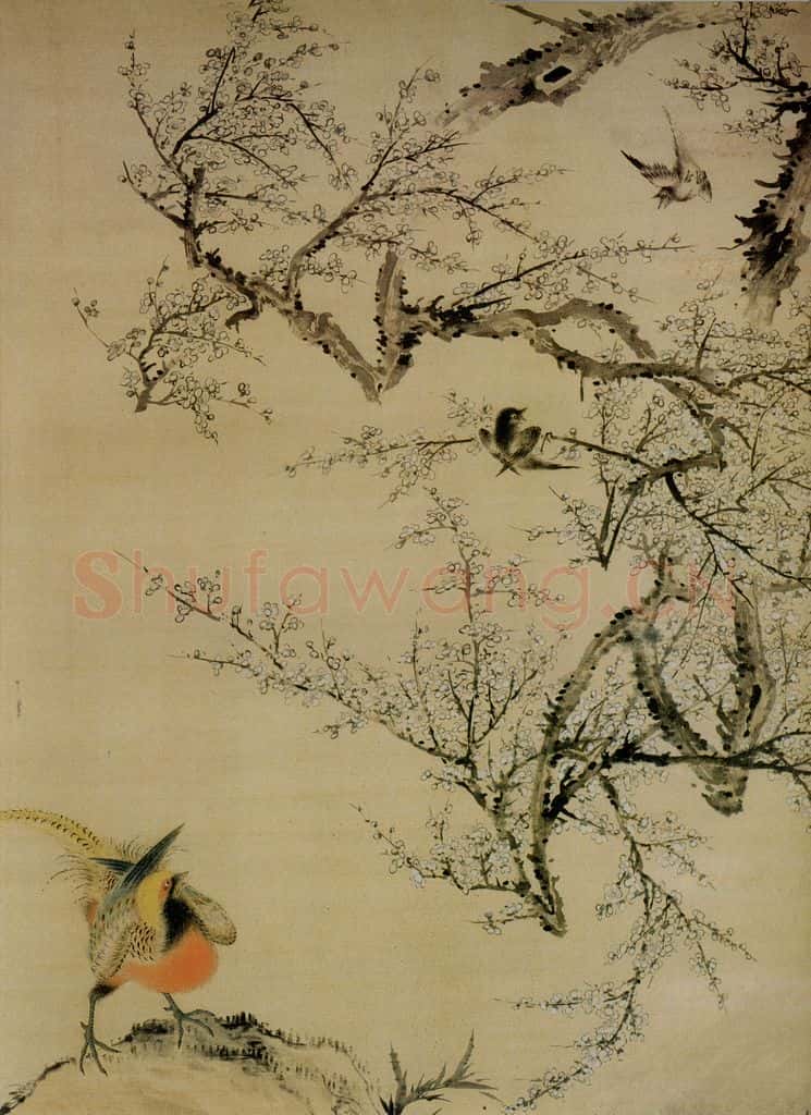 清 华喦《山雀爱梅图》书画作品