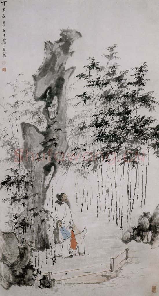 清 华喦《钟旭赏竹图》书画作品
