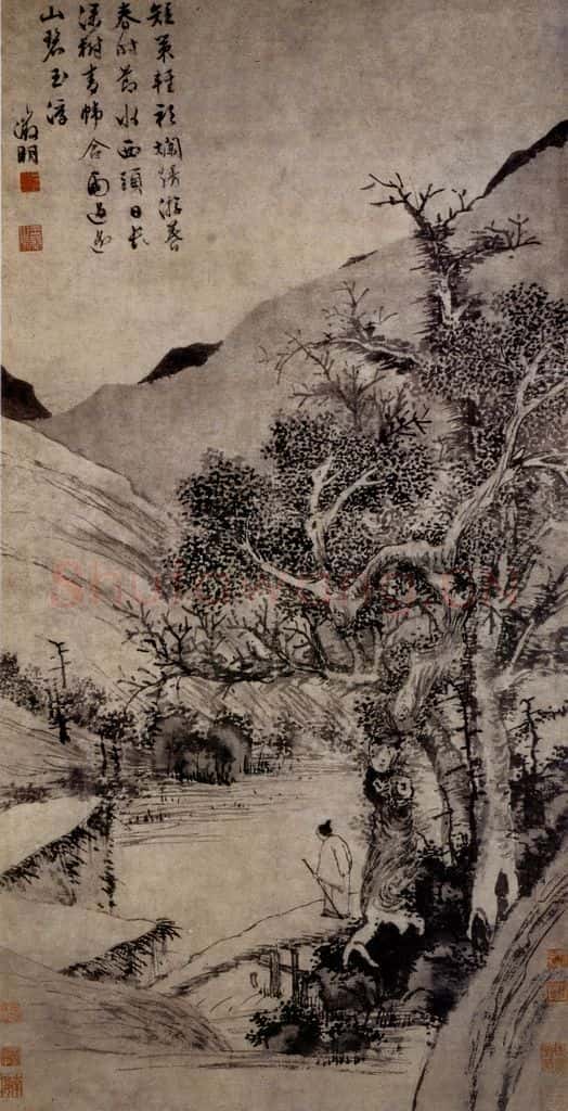 不明 文征明《溪桥策杖图》书画作品