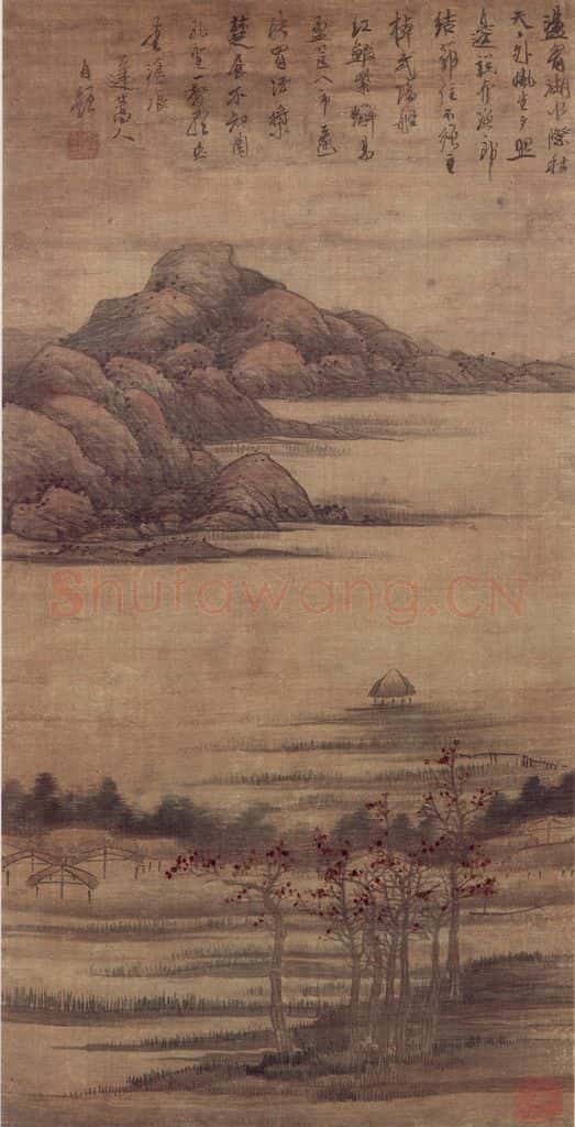 明末 龚贤《秋江渔舍图》书画作品