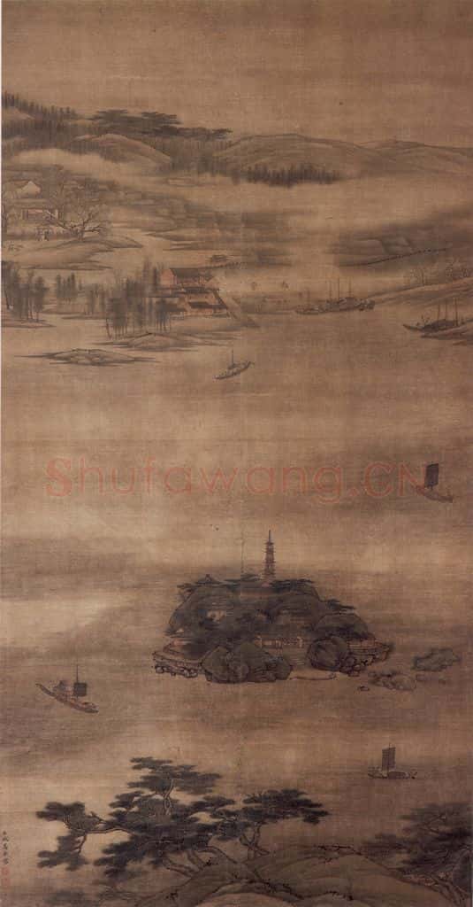 明末清初 高岑《金山寺图》书画作品