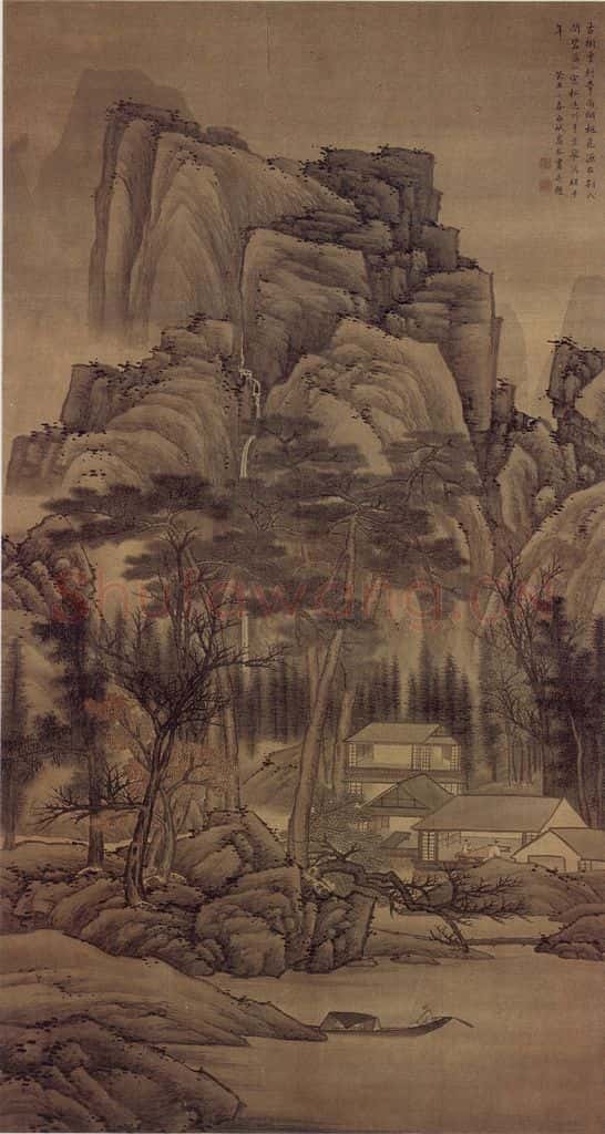 明末清初 高岑《松窗飞瀑图》书画作品