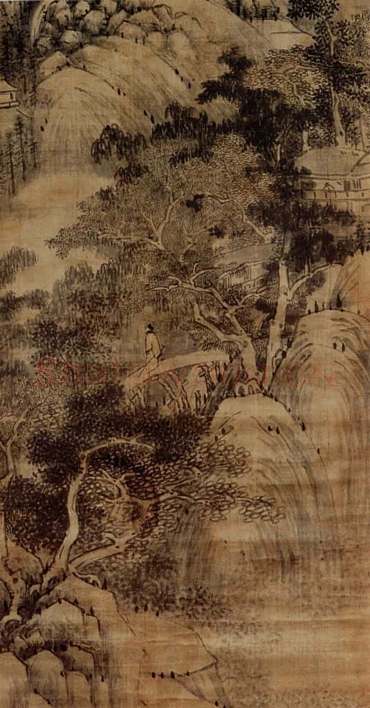 清 王铎《春晓观瀑图轴》书画作品