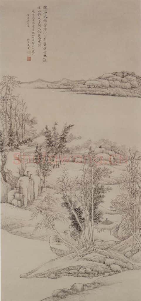 清 吴雯《仿倪瓒山水图轴》书画作品