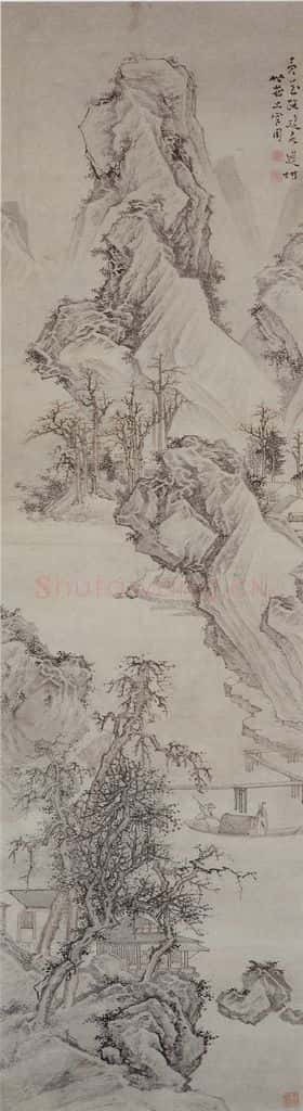 清 上官周《水村归棹图轴》书画作品
