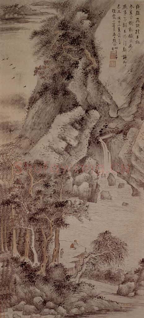 清 张洽《观瀑吟诗图轴》书画作品