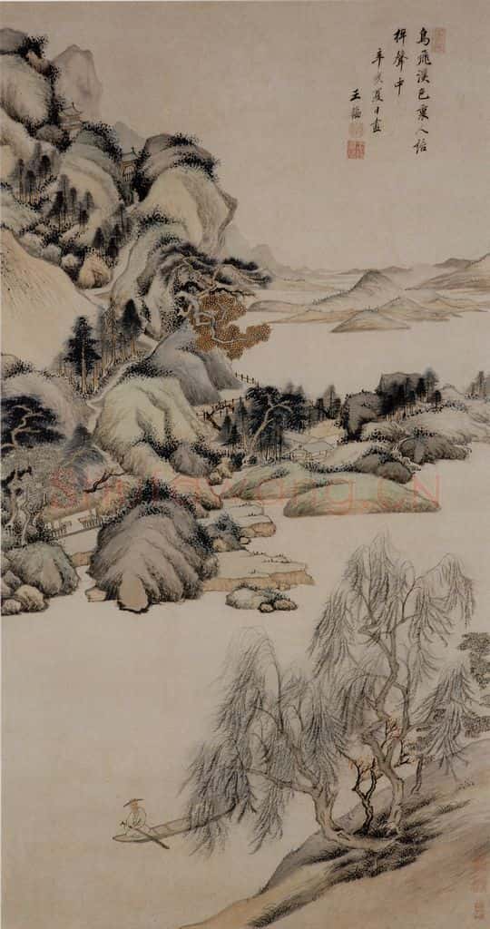 清 王鉴《溪色棹声图轴》书画作品