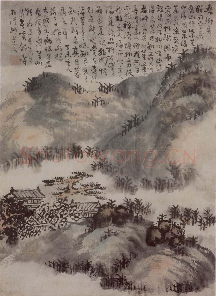 清 髠残《松岩楼阁图轴》书画作品