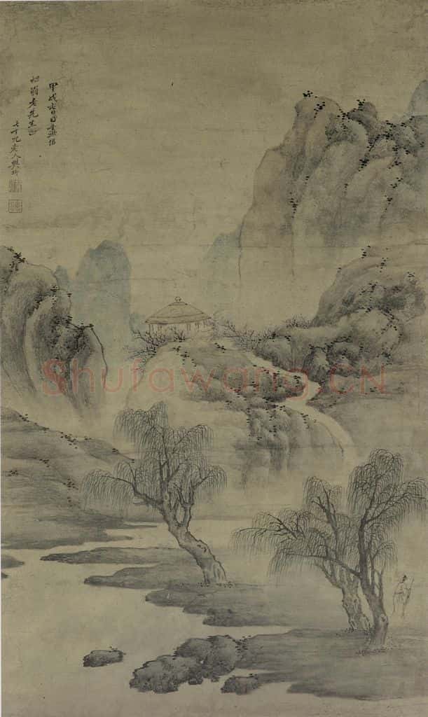清 樊圻《春山策杖图轴》书画作品