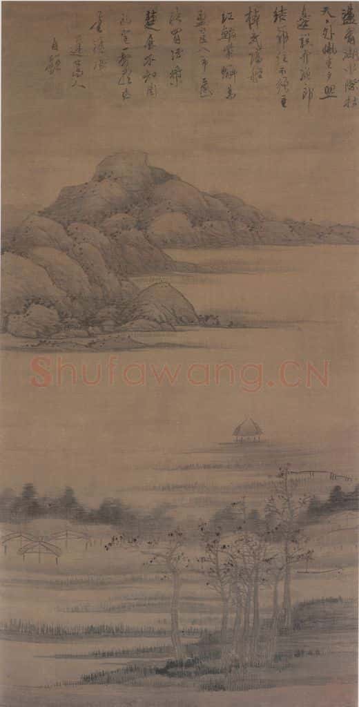 清 龚贤《秋江渔舍图轴》书画作品