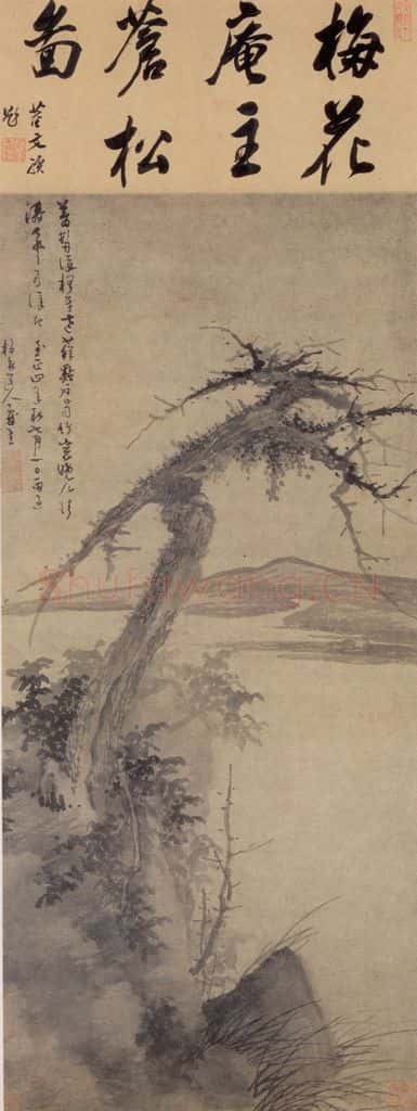 元朝 吴镇《松石图》书画作品