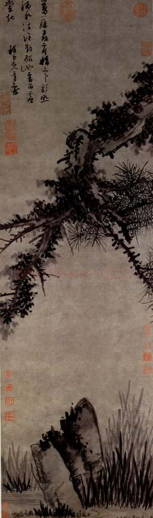 元朝 吴镇《松石图》书画作品