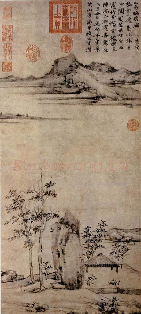 元朝 倪瓒《紫芝山房图》书画作品