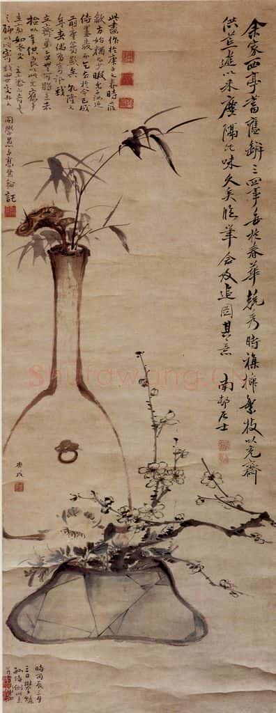 清 高凤翰《瓶芝梅竹图》书画作品