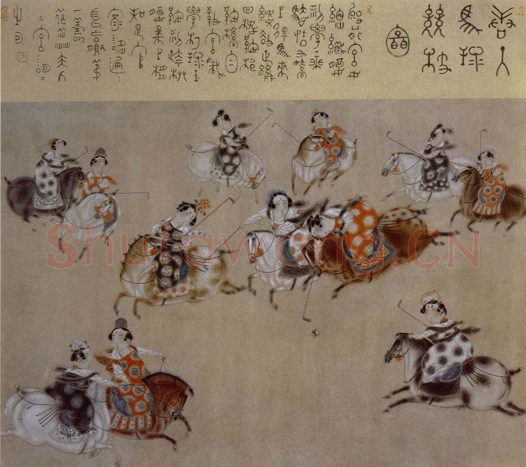1990年 唐勇力《唐人马球竞技图》书画作品